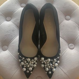 Nine West Black Satin Pumps with Pearls and Sequence